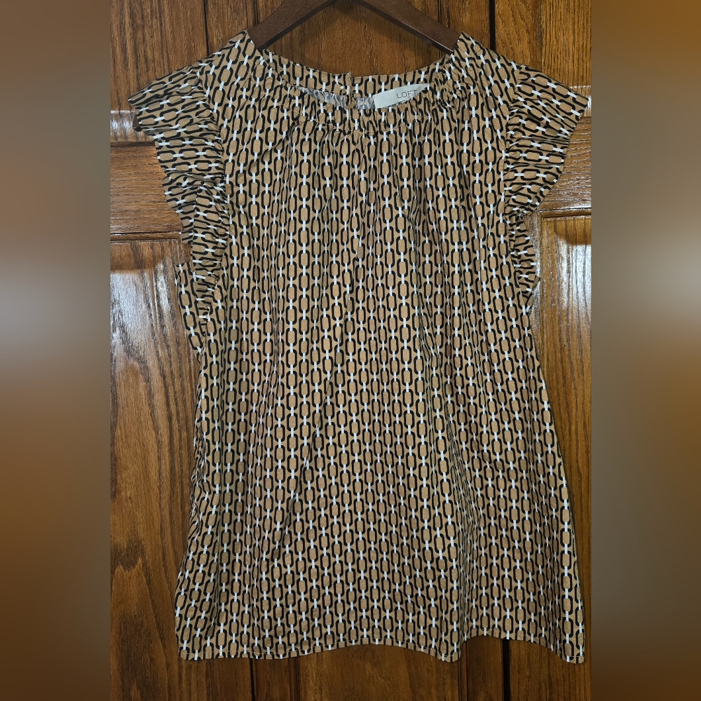 Loft Cap Flutter Sleeve Geometric Brown White Popover Keyhole Button Top Sz M